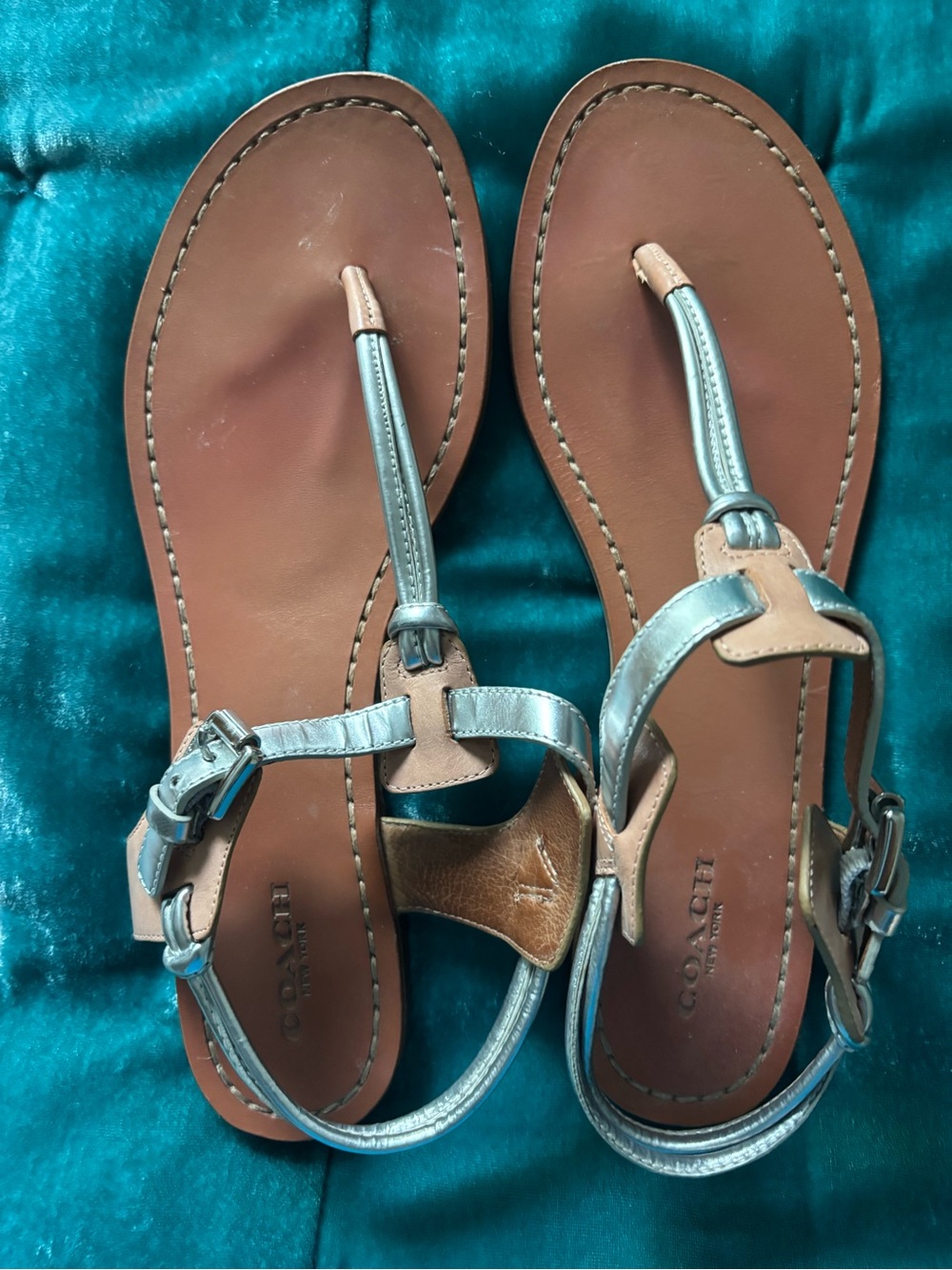Coach Metallic Silver and Tan Leather T-Strap Sandals
